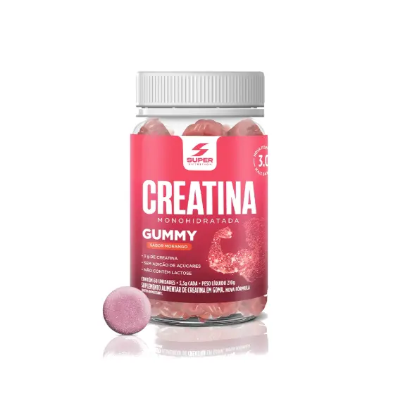 Frasco de Creatina Gummy da Desinchá em sabor morango com goma ilustrativa em fundo branco