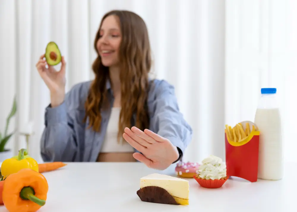 Mulher segurando abacate e dizendo não para comida não saudável